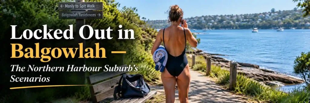 Woman holding a phone and a rolled towel beside an open bag on a harbour-side walking path near Balgowlah, illustrating a potential lockout after a swim.