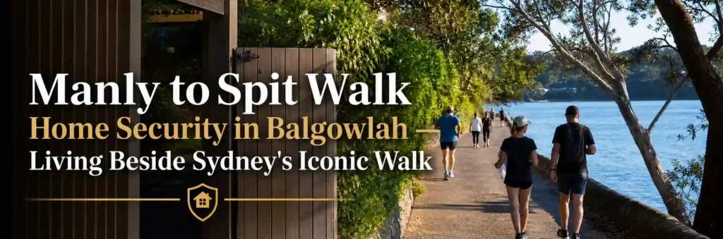 Timber side gate beside a leafy coastal walking path along Sydney Harbour, illustrating home security considerations for properties near the Manly to Spit Walk in Balgowlah.