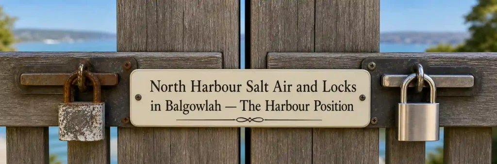 Weathered and stainless steel padlocks attached to a timber gate overlooking the water, illustrating the effects of coastal salt air on locks in Balgowlah.