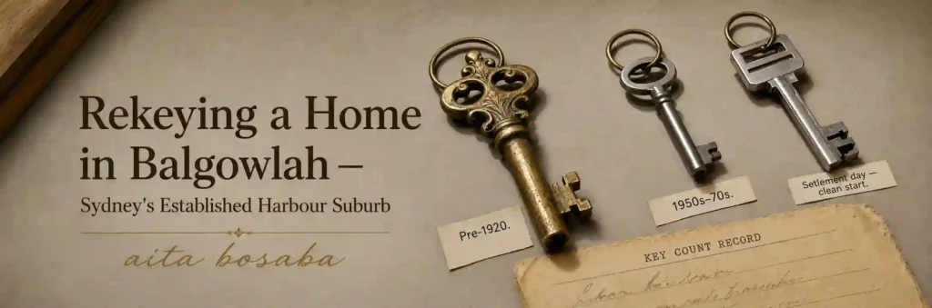 Three different house keys arranged beside a key count record, illustrating home rekeying and lock security for established properties in Balgowlah.