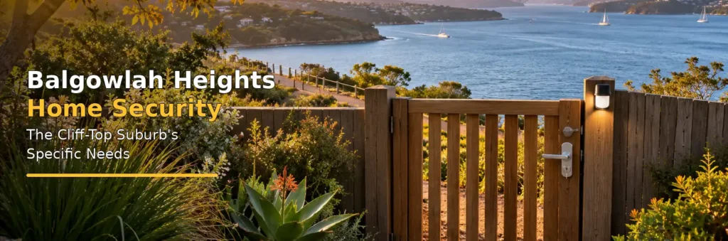 Timber garden gate with a secure silver lock and motion-activated light overlooking Middle Harbour from a cliff-top garden in Balgowlah Heights.